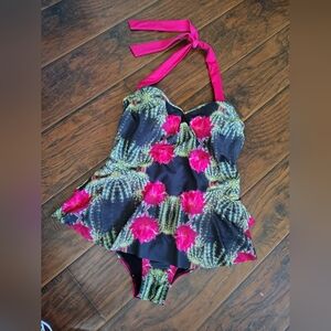 Modcloth Black and Pink Cactus Print One Piece Swimsuit